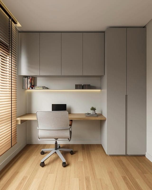 18. Minimalist Corner Office in Greige and Oak - simple office ideas