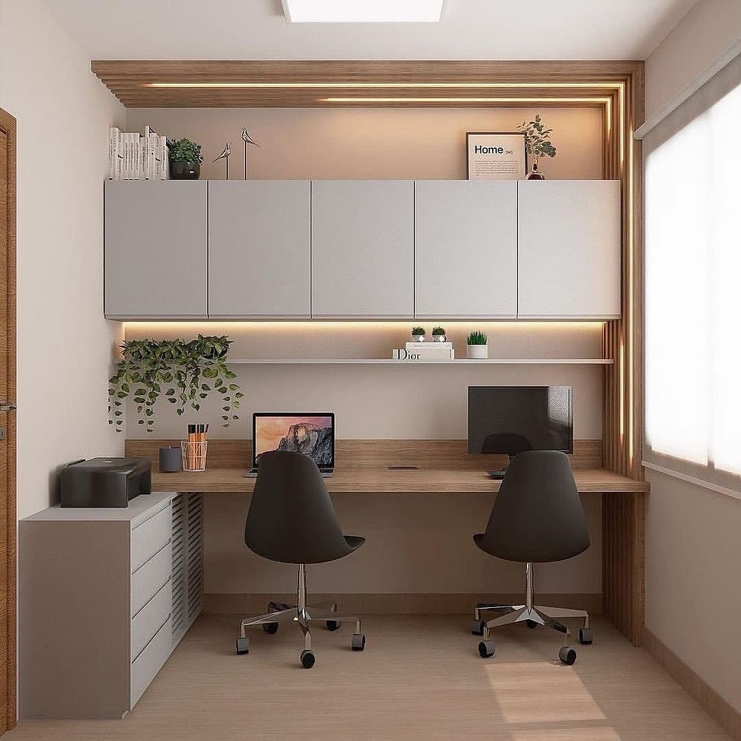 19. Dual Workspace in Warm Gray and Light Wood - simple office ideas