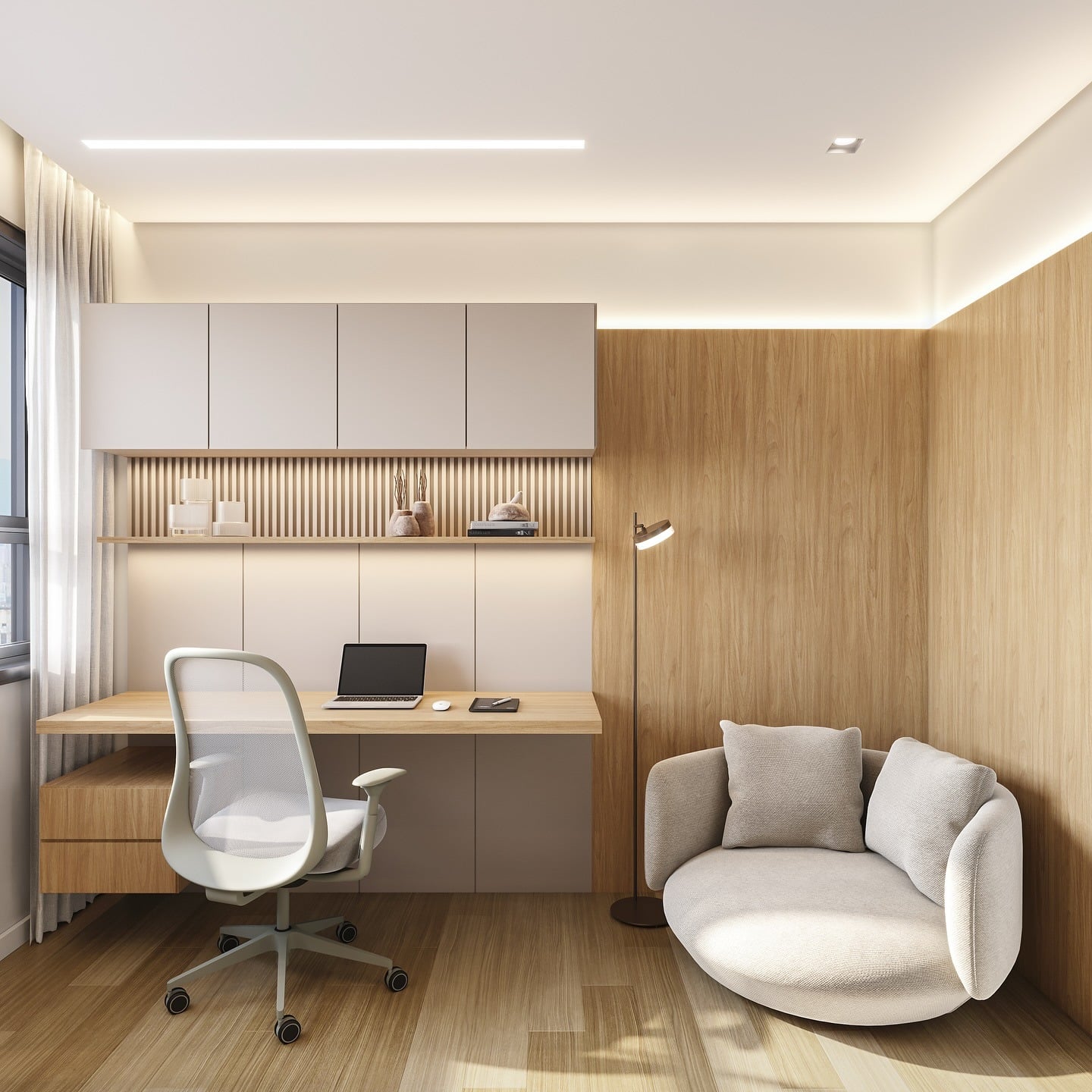 21. Soft Modern Workspace with Light Oak and Cream Accents - simple office ideas