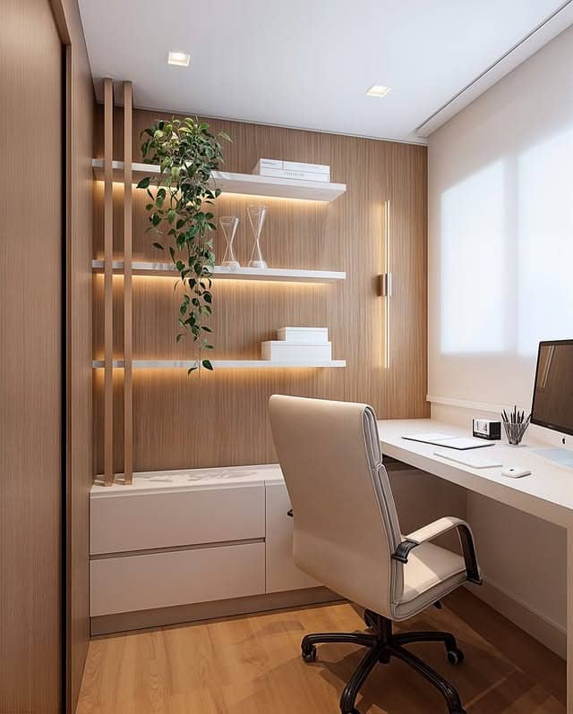 22. Streamlined Office with Vertical Lighting and Natural Wood - simple office ideas