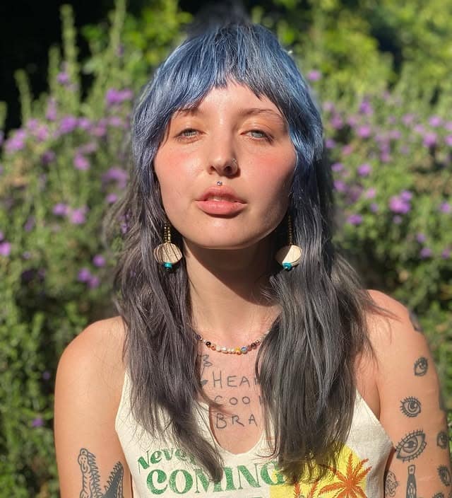 9. Steel Blue Shag with Textured Baby Fringe - Asymmetrical Bangs Hairstyles