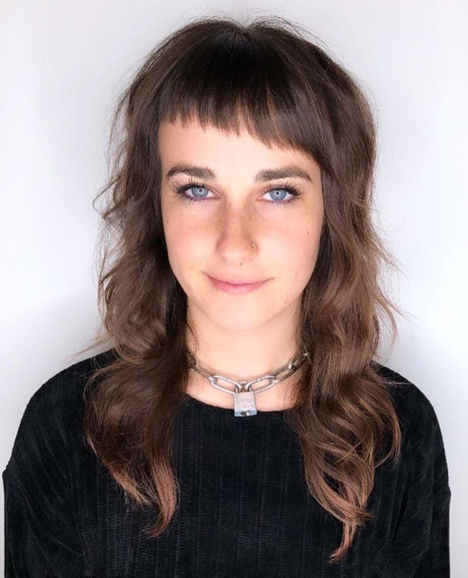 22. Ash Brown Shag with Textured Micro Fringe - Asymmetrical Bangs Hairstyles