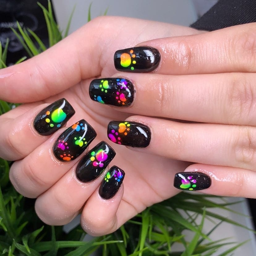 2. Neon Paw Pop on Black Gel - paw print nail ideas