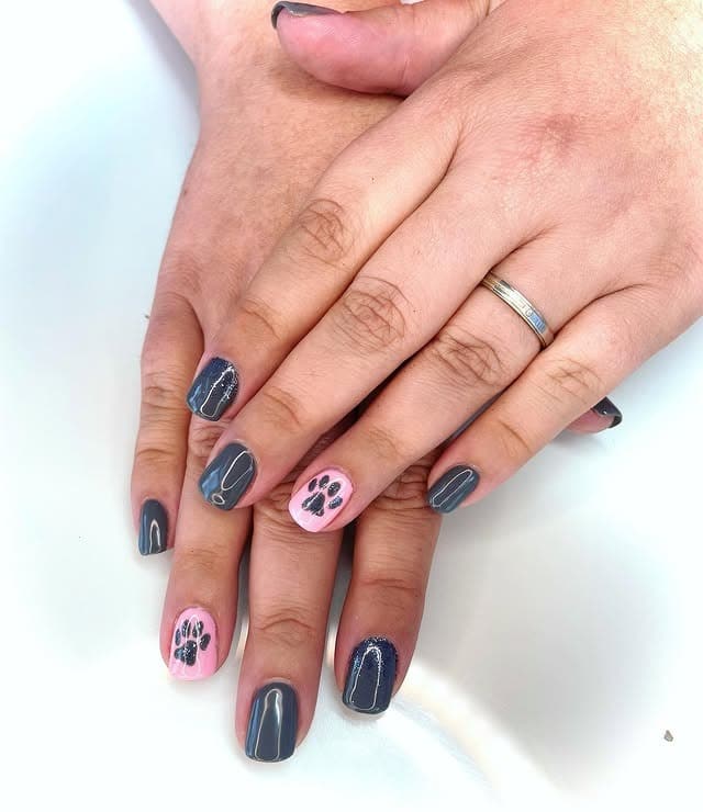 11. Charcoal Glam with Pink Paw Accents - paw print nail ideas