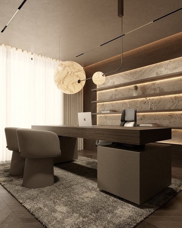 5. Textured Taupe Contemporary Office - office ideas for men