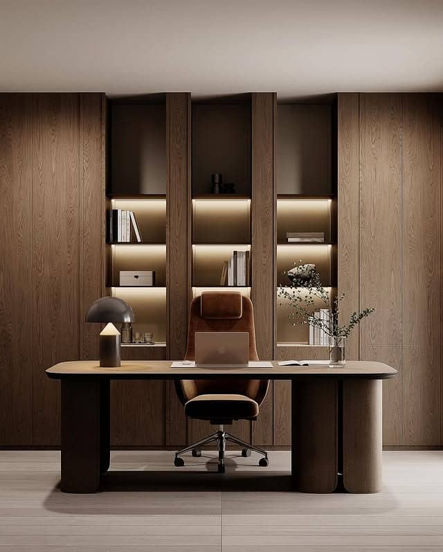 6. Soft Walnut Modern Office with Ambient Glow - office ideas for men