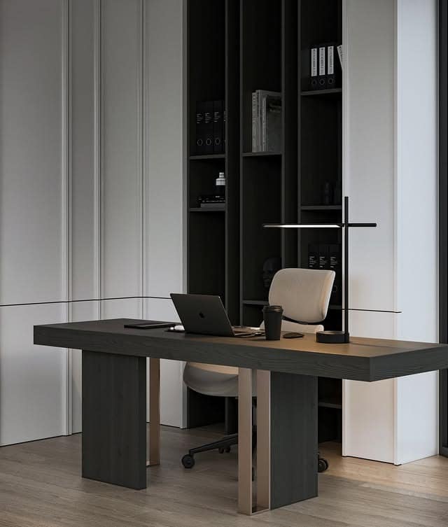 7. Charcoal and Cream Minimal Workspace - office ideas for men