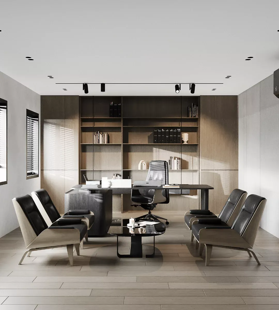 19. Monochrome Executive Suite with Streamlined Form - office ideas for men