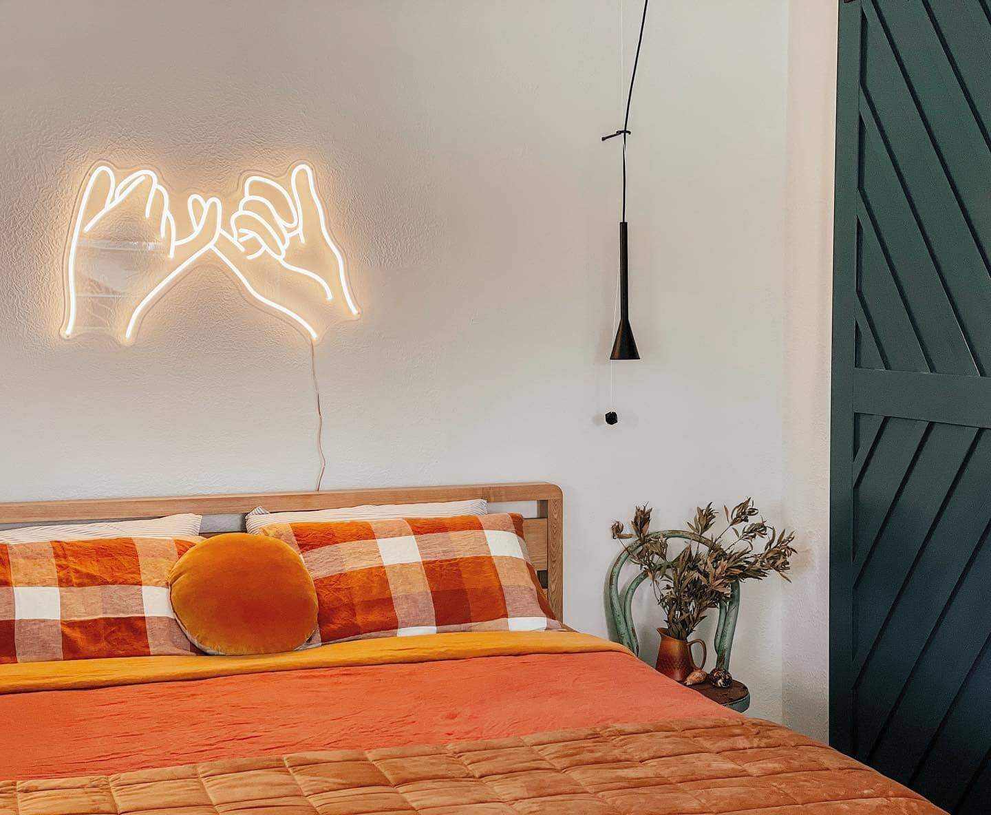 8. Playful Retro Glow in Burnt Orange and Mustard - blank wall bedroom ideas