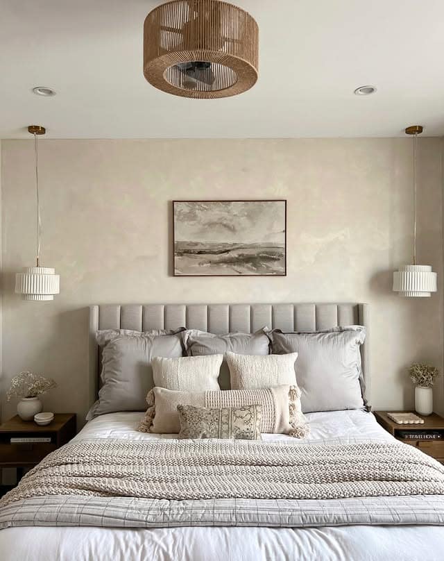10. Refined Neutrals with Layered Textures - blank wall bedroom ideas