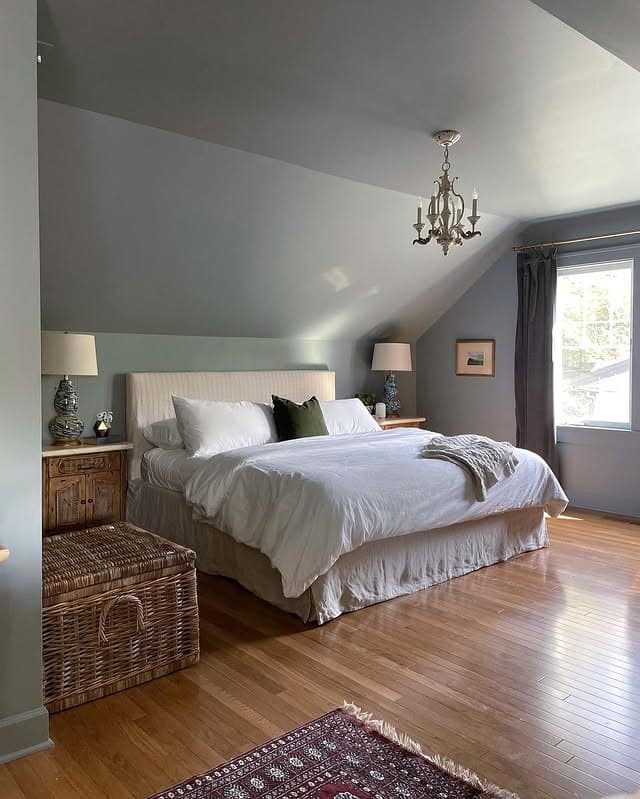 14. Cottage Calm in Misty Blue - blank wall bedroom ideas