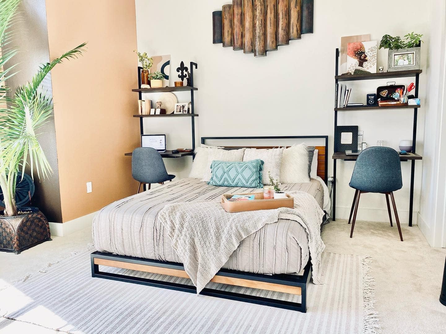 17. Warm Industrial Blend with Earth Tones - blank wall bedroom ideas