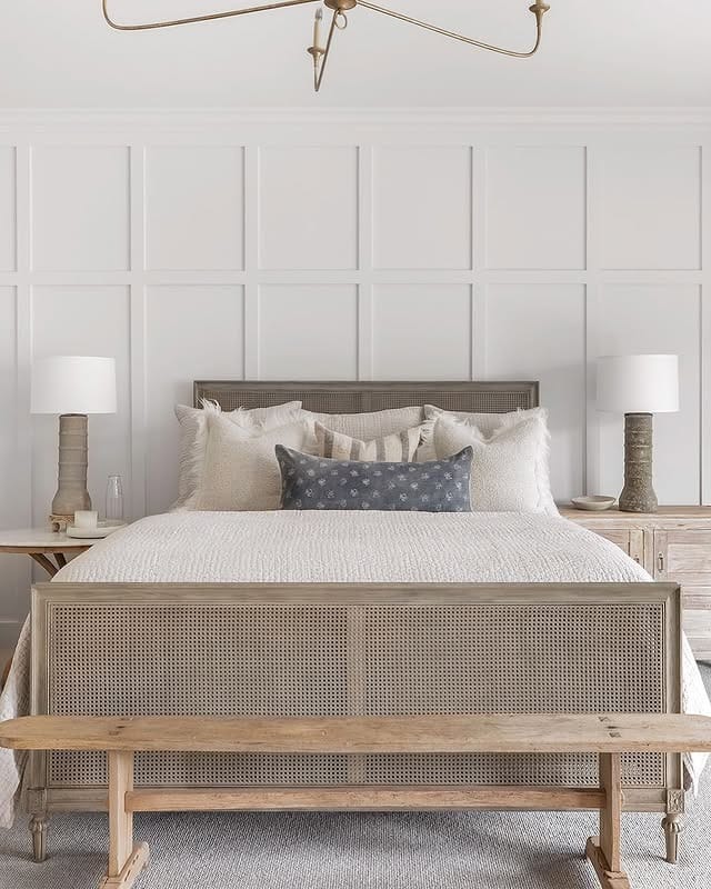 21. Crisp Panel Detailing with Textured Neutrals - blank wall bedroom ideas