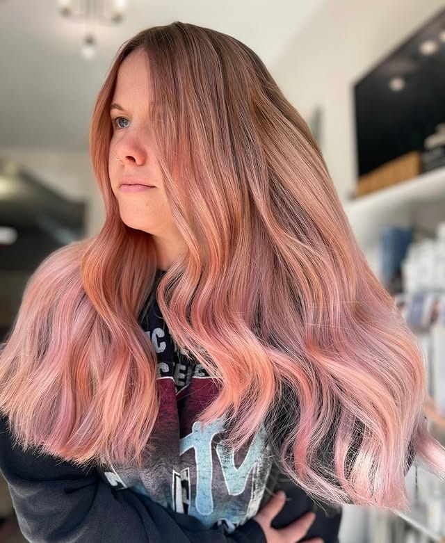 7. Buttery Rose Gold Balayage on Long Layers - Rose Gold Hair Color