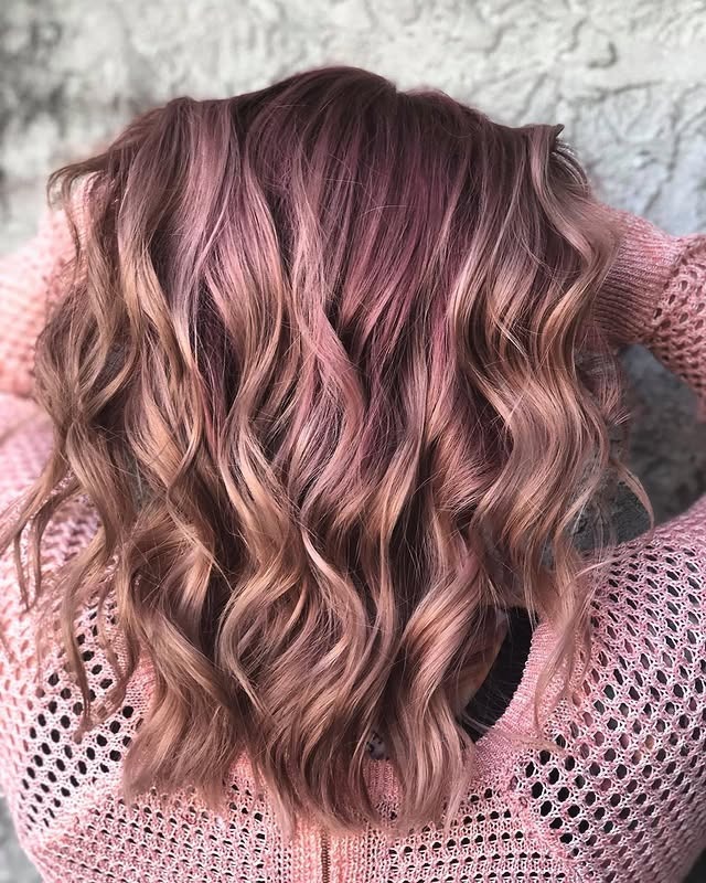 18. Dusty Rose Gold Balayage Waves - Rose Gold Hair Color