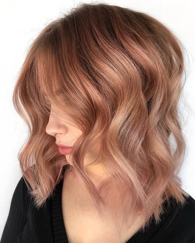 19. Muted Rose Gold Lob with Texture - Rose Gold Hair Color