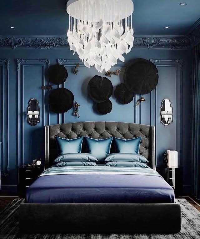 2. Midnight Luxe Elegance - blue wall bedroom ideas