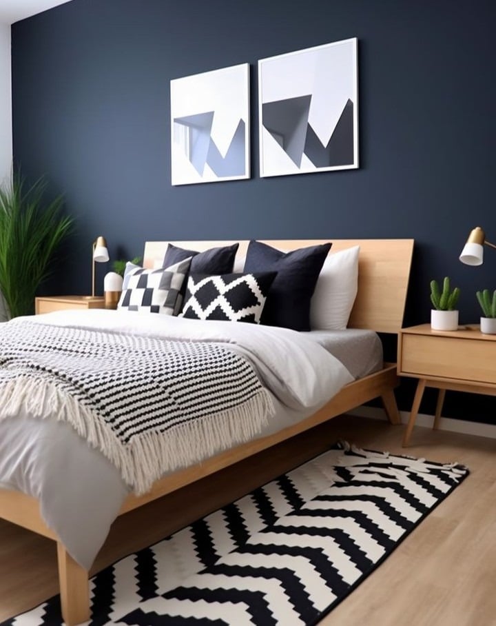 6. Modern Monochrome Simplicity - blue wall bedroom ideas