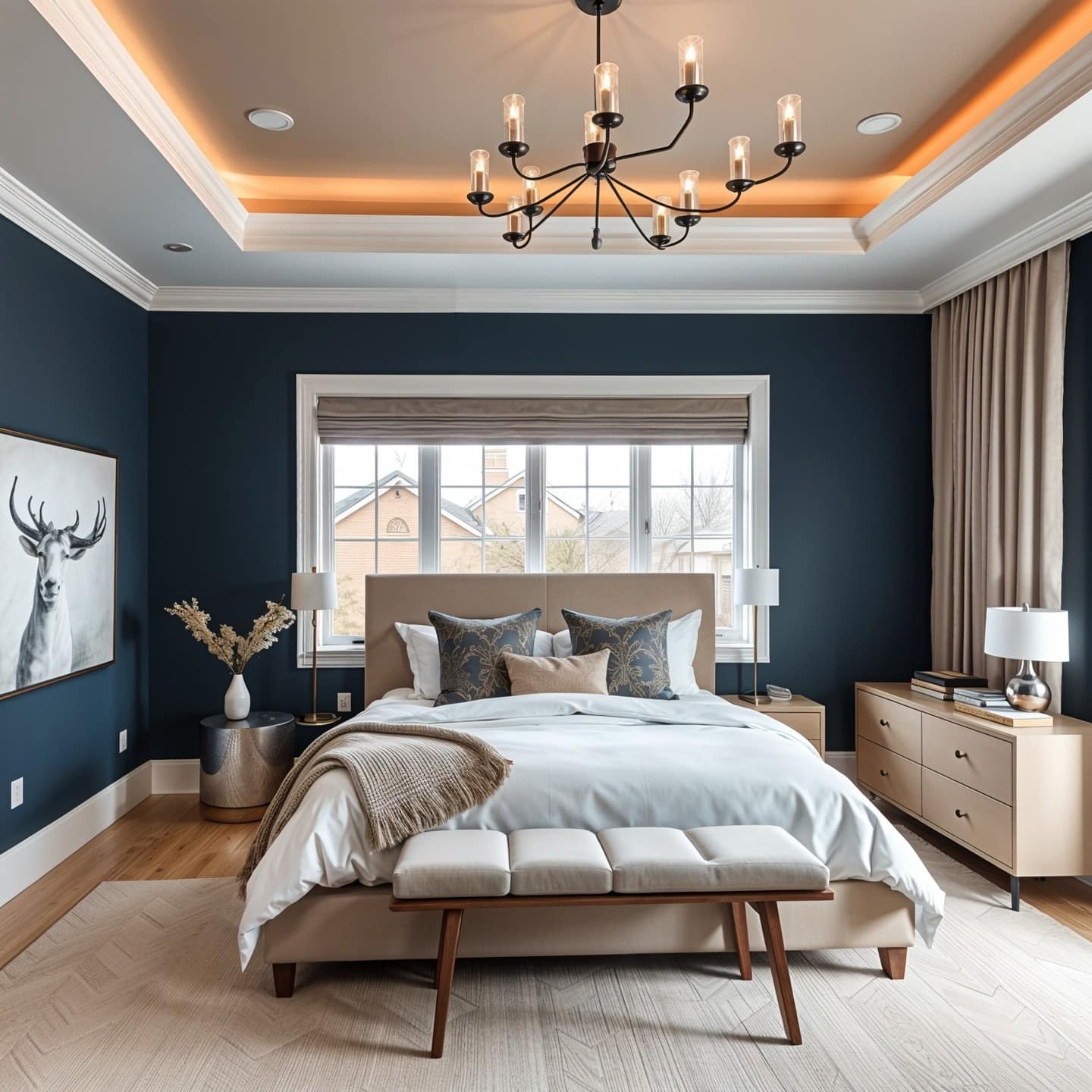 18. Warm Neutrals with Ink Blue Drama - blue wall bedroom ideas