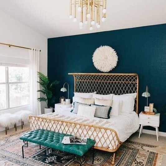 21. Coastal Boho Chic in Deep Teal Blue - blue wall bedroom ideas