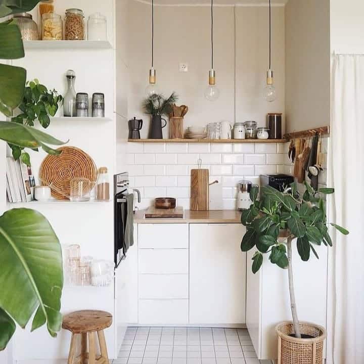4. Compact Boho White Kitchen with Organic Details - small white kitchen ideas