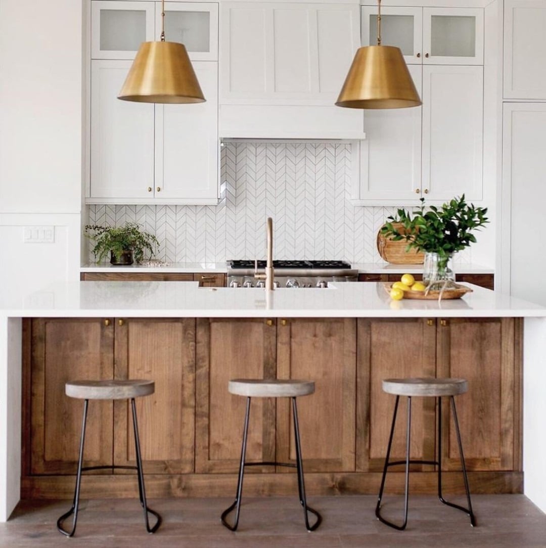 8. Transitional Kitchen with Warm Wood Island - small white kitchen ideas
