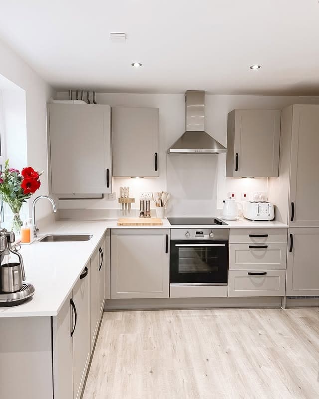 16. Soft Gray and White Contemporary Kitchen - small white kitchen ideas