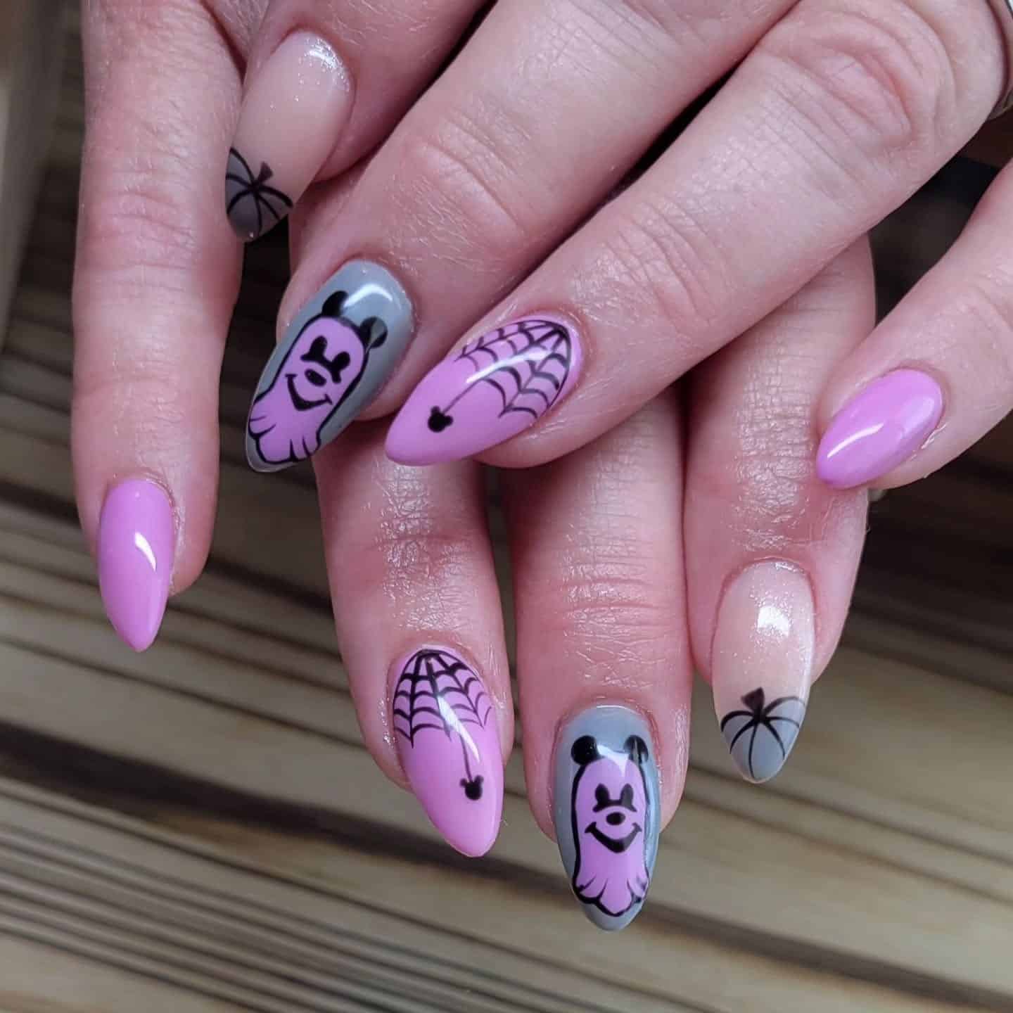 5. Pastel Web Art with a Halloween Twist - pink and gray nail ideas