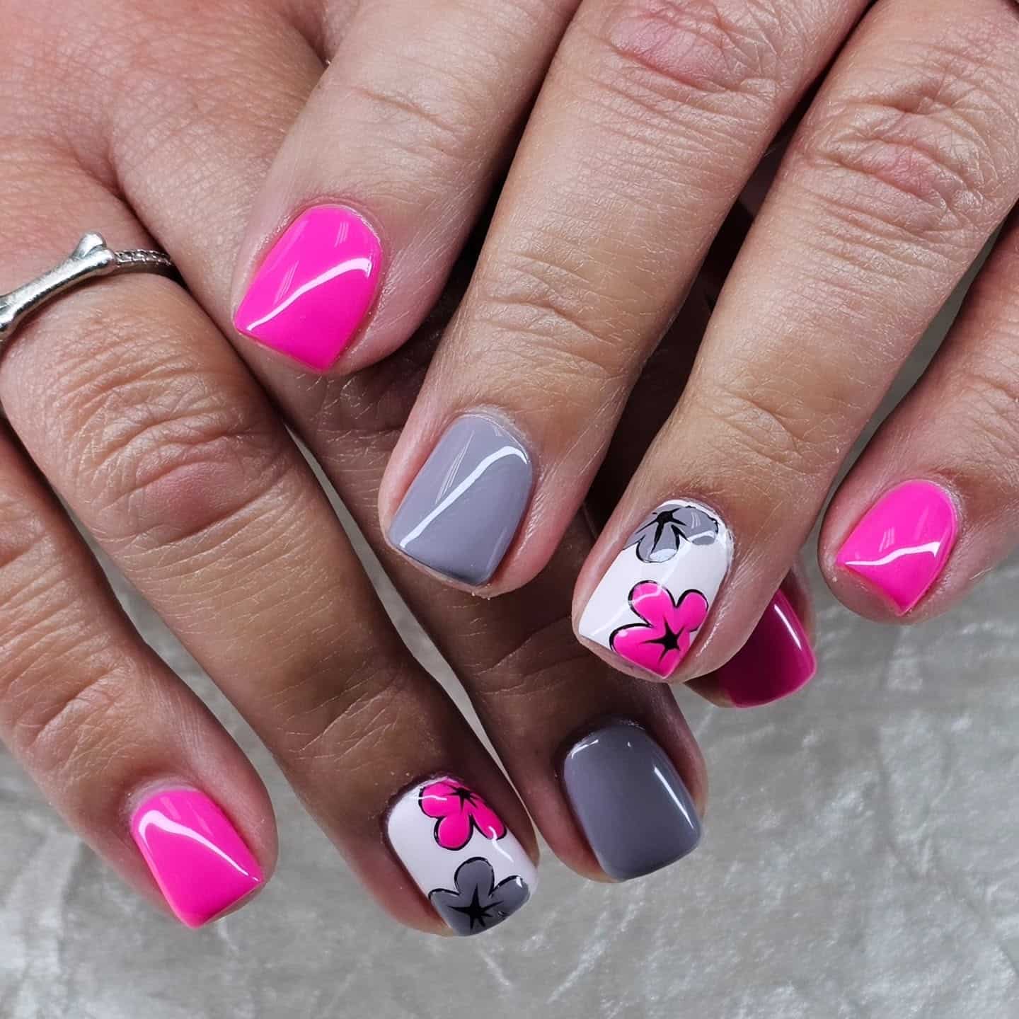 8. Floral Pop Accent Nails - pink and gray nail ideas