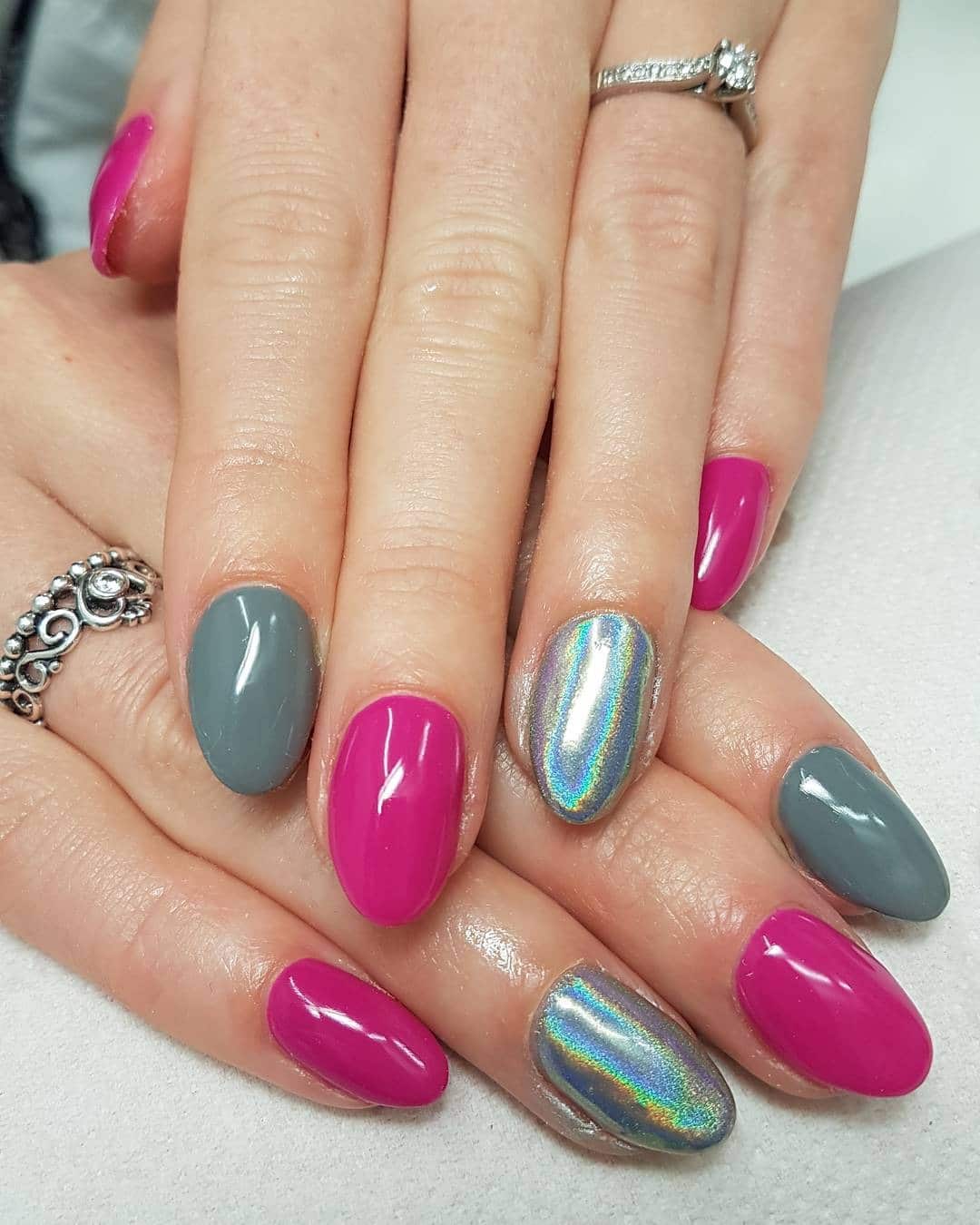11. Holographic Pink and Gray Shine - pink and gray nail ideas
