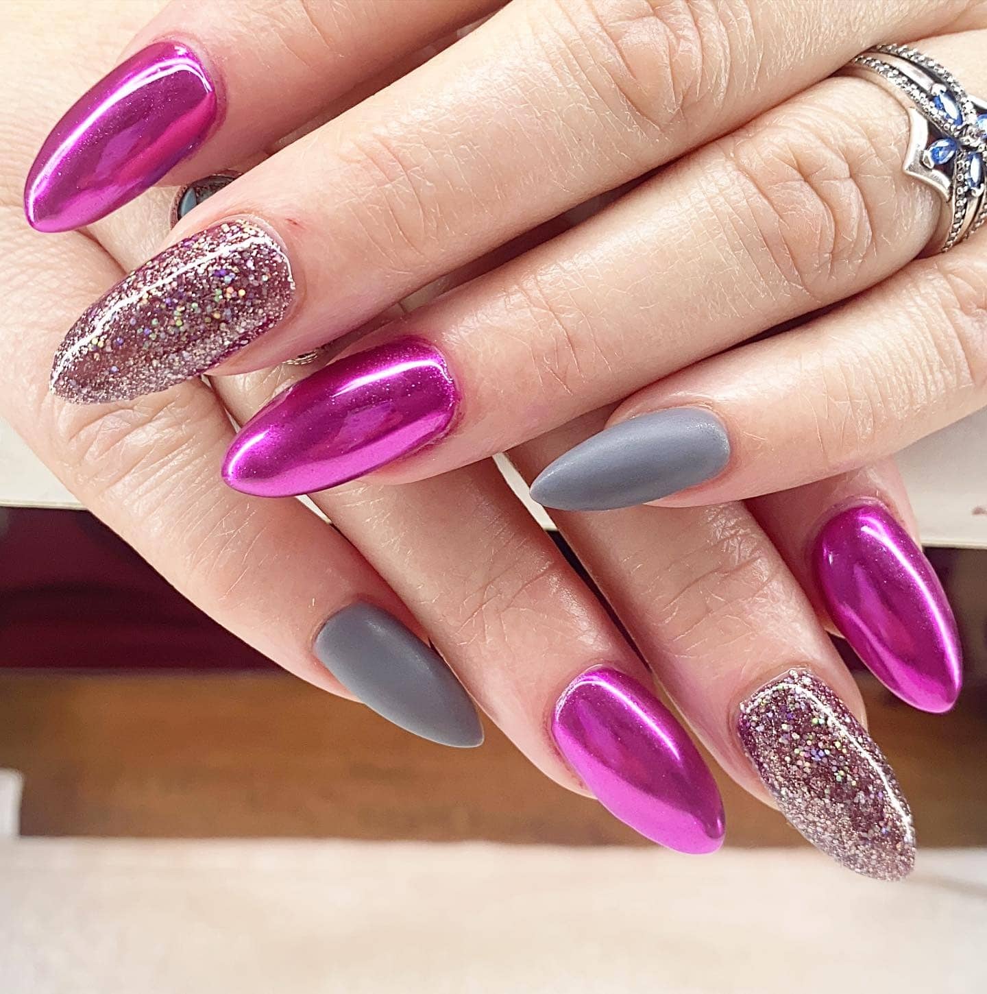 14. Chrome Magenta and Matte Gray Fusion - pink and gray nail ideas