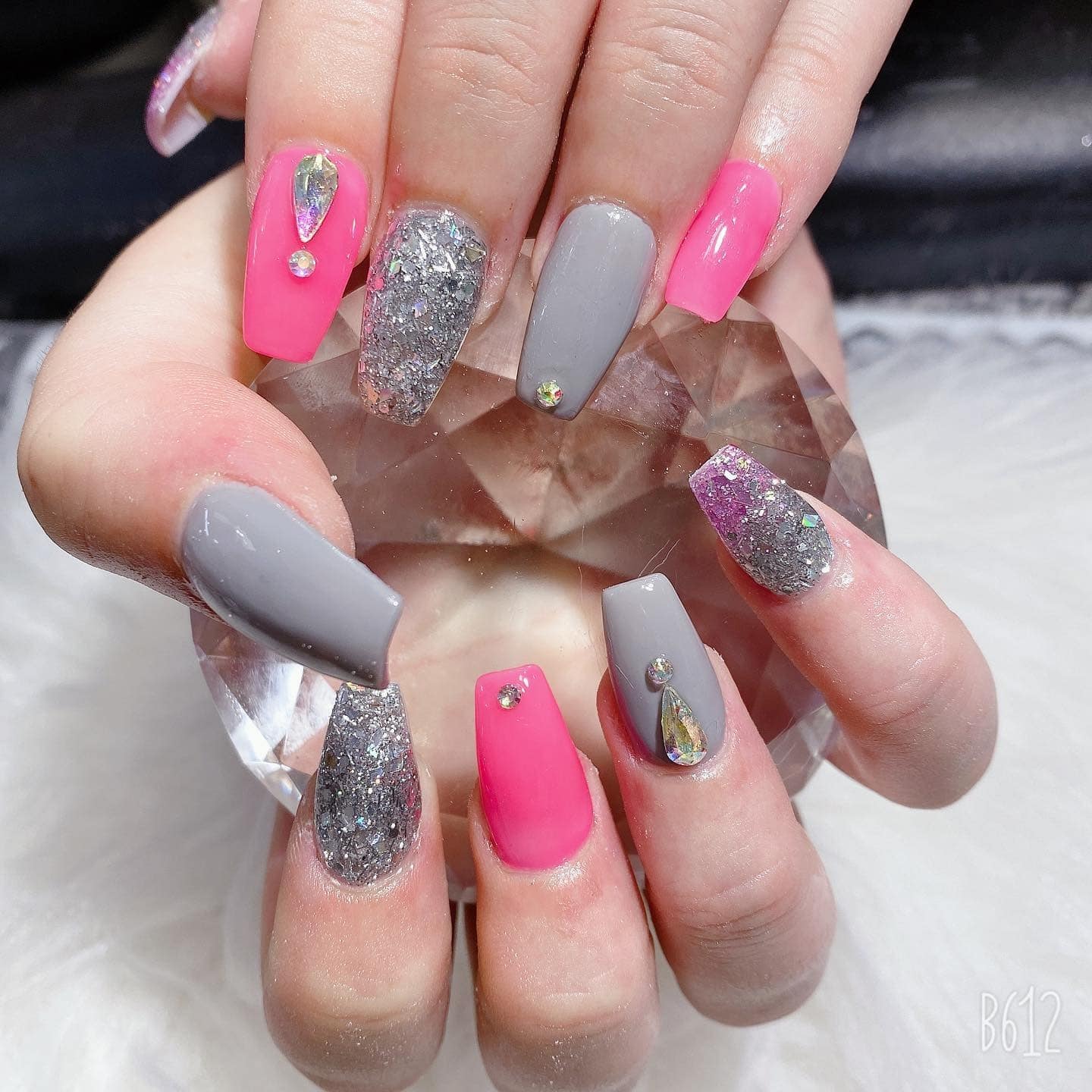15. Diamond Pink and Silver Glam Set - pink and gray nail ideas