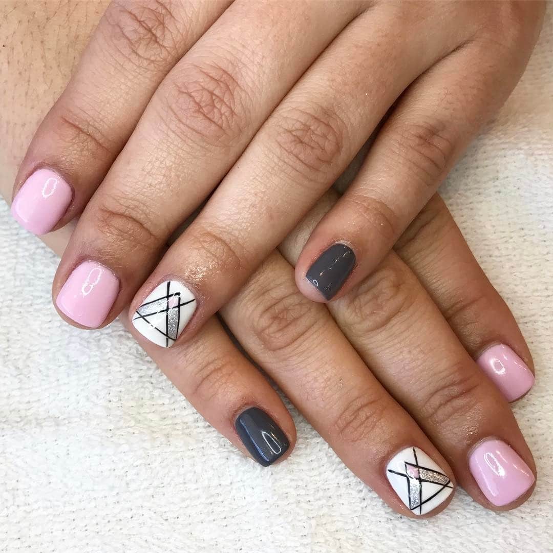 17. Geometric Chic in Pink and Gray - pink and gray nail ideas