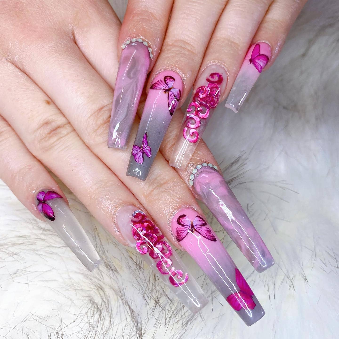 18. Butterfly Ombre Fantasy - pink and gray nail ideas
