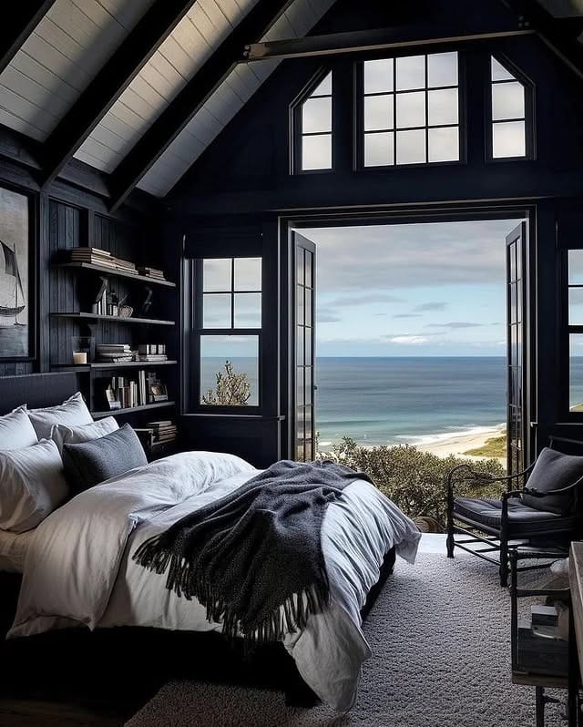 6. Coastal Retreat in Charcoal and White - dark gray bedroom ideas