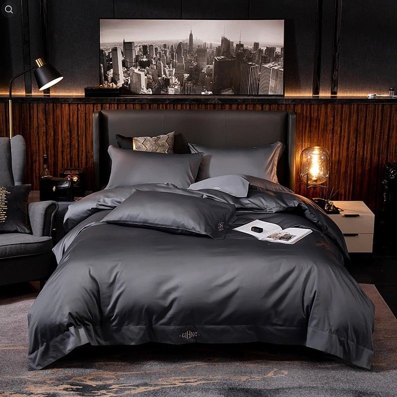 7. Satin Noir with Urban Glamour - dark gray bedroom ideas