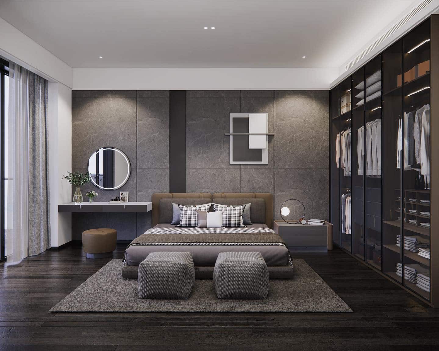 8. Contemporary Elegance in Layered Grays - dark gray bedroom ideas