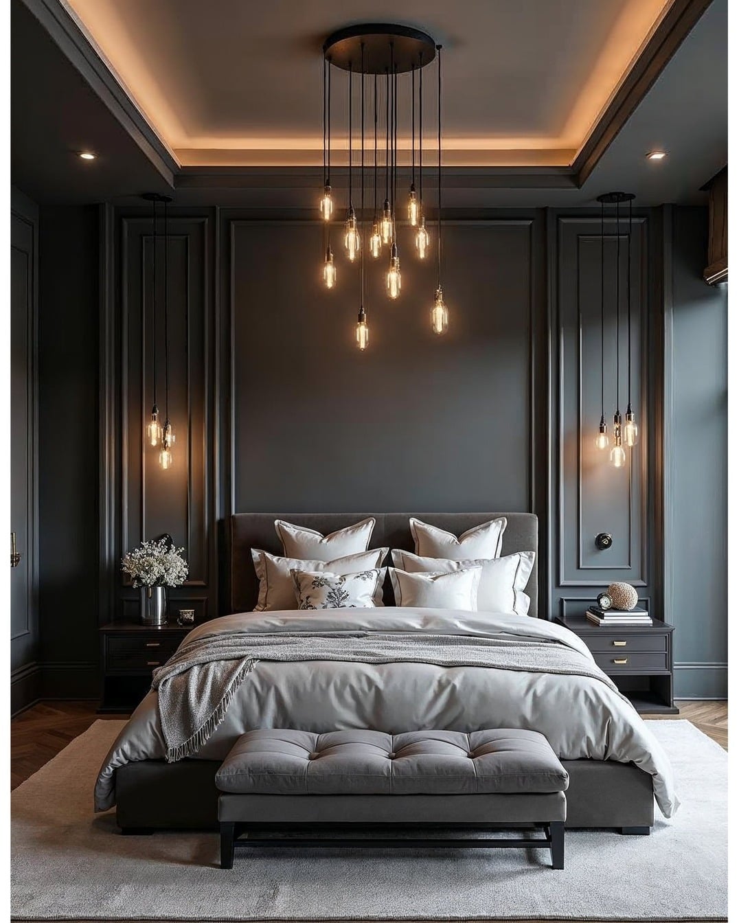 12. Timeless Elegance in Charcoal and Taupe - dark gray bedroom ideas
