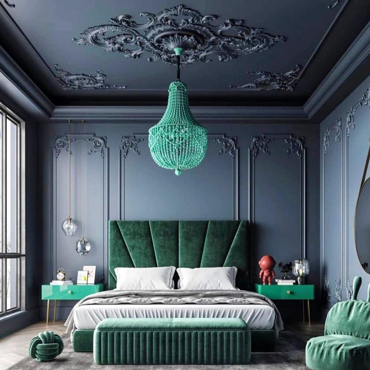13. Emerald Drama in a Gray Frame - dark gray bedroom ideas