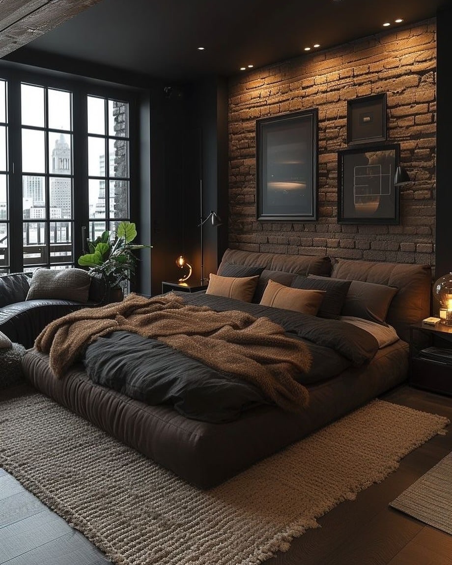 14. Industrial Warmth with Urban Texture - dark gray bedroom ideas