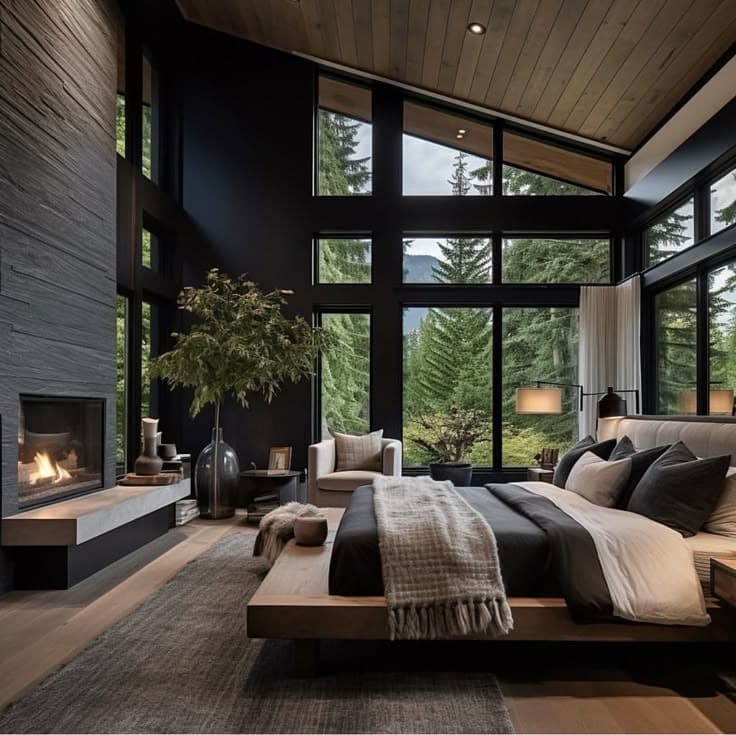 16. Contemporary Cabin with Natural Warmth - dark gray bedroom ideas