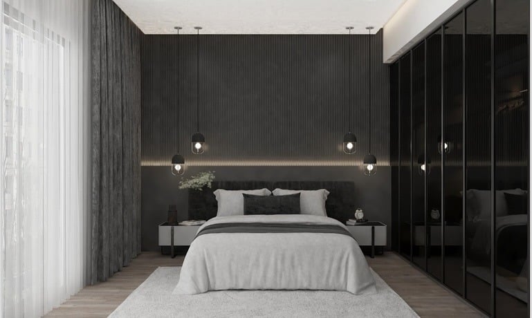 18. Understated Modernism in Gray and White - dark gray bedroom ideas