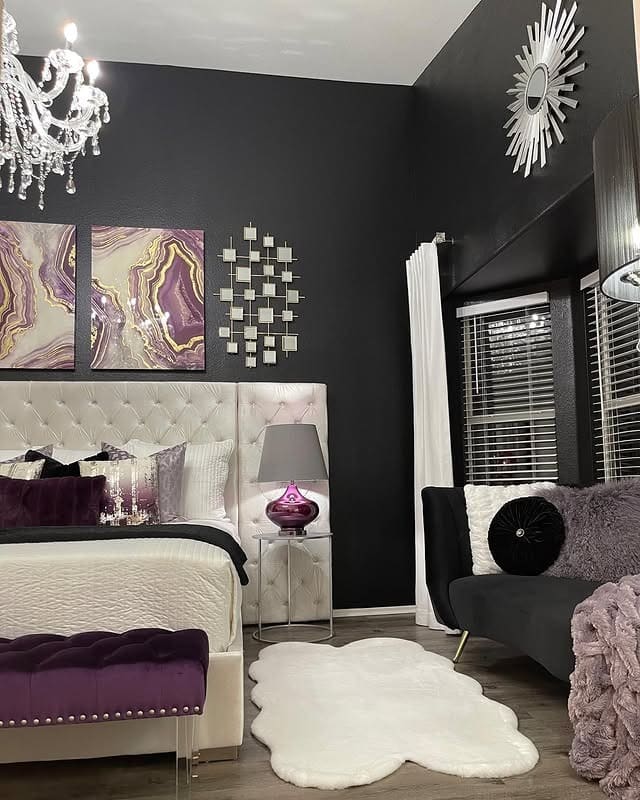 19. Glam Noir with Amethyst Accents - dark gray bedroom ideas