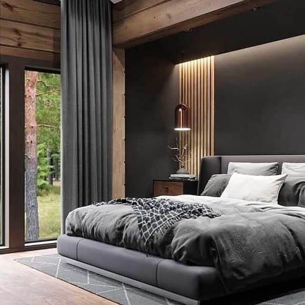 21. Modern Cabin Elegance in Charcoal and Wood - dark gray bedroom ideas