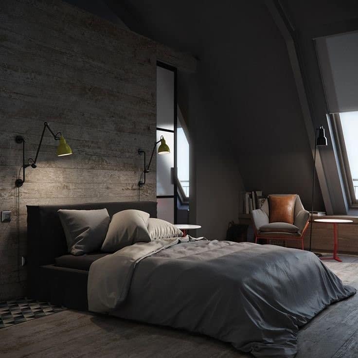 22. Industrial Loft with Moody Textures - dark gray bedroom ideas