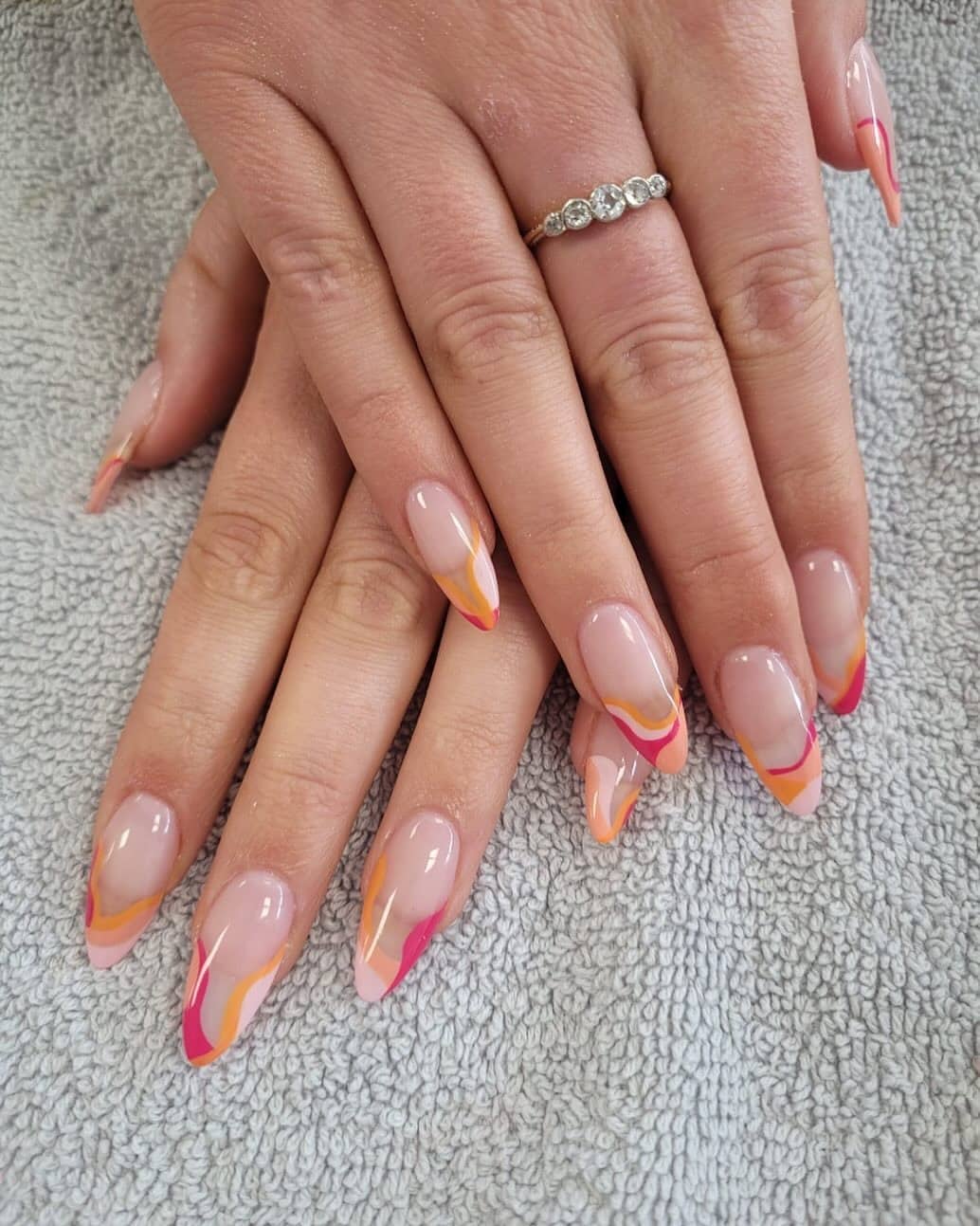 8. Gradient Swirl Tip Nails - pink and orange nail ideas