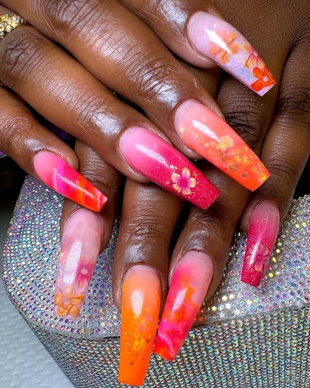 10. Floral Sunset Coffin Nails - pink and orange nail ideas