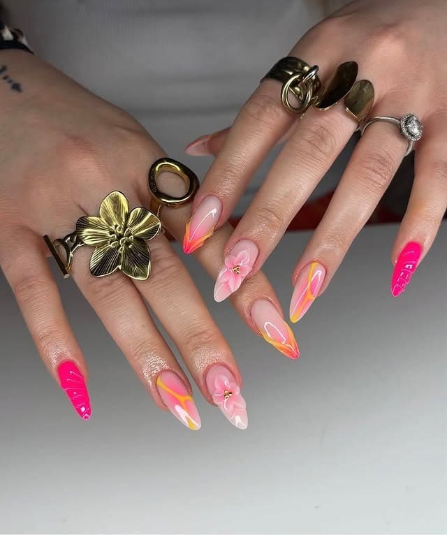 11. Neon Bloom Stiletto Nails - pink and orange nail ideas