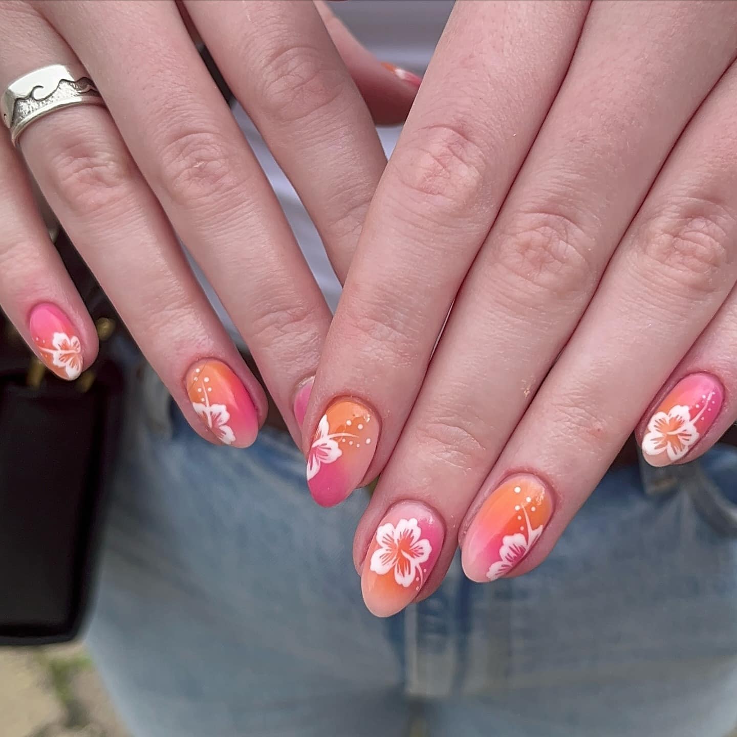 12. Tropical Blossom Almond Nails - pink and orange nail ideas