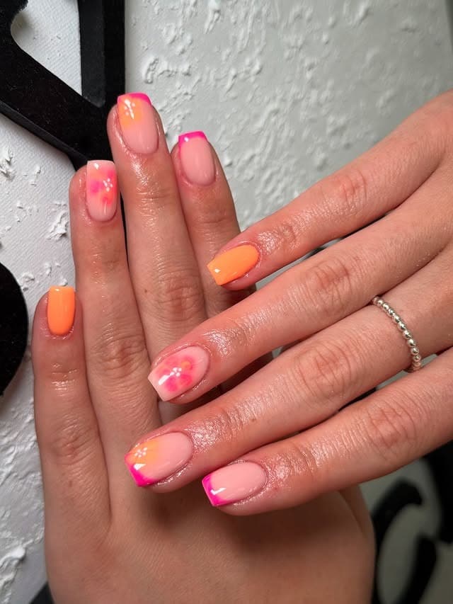 16. Neon French Blooms - pink and orange nail ideas